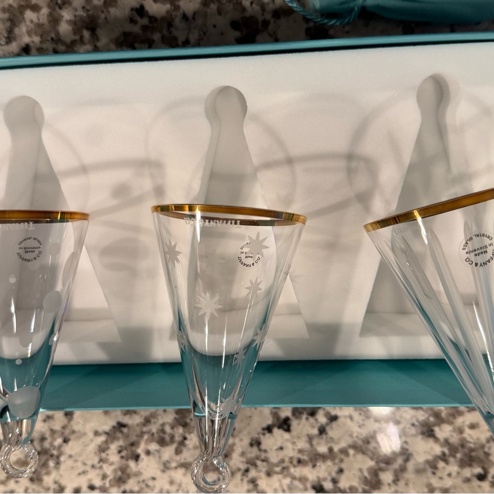 Set of Etched Champagne Flutes with Gold Rim